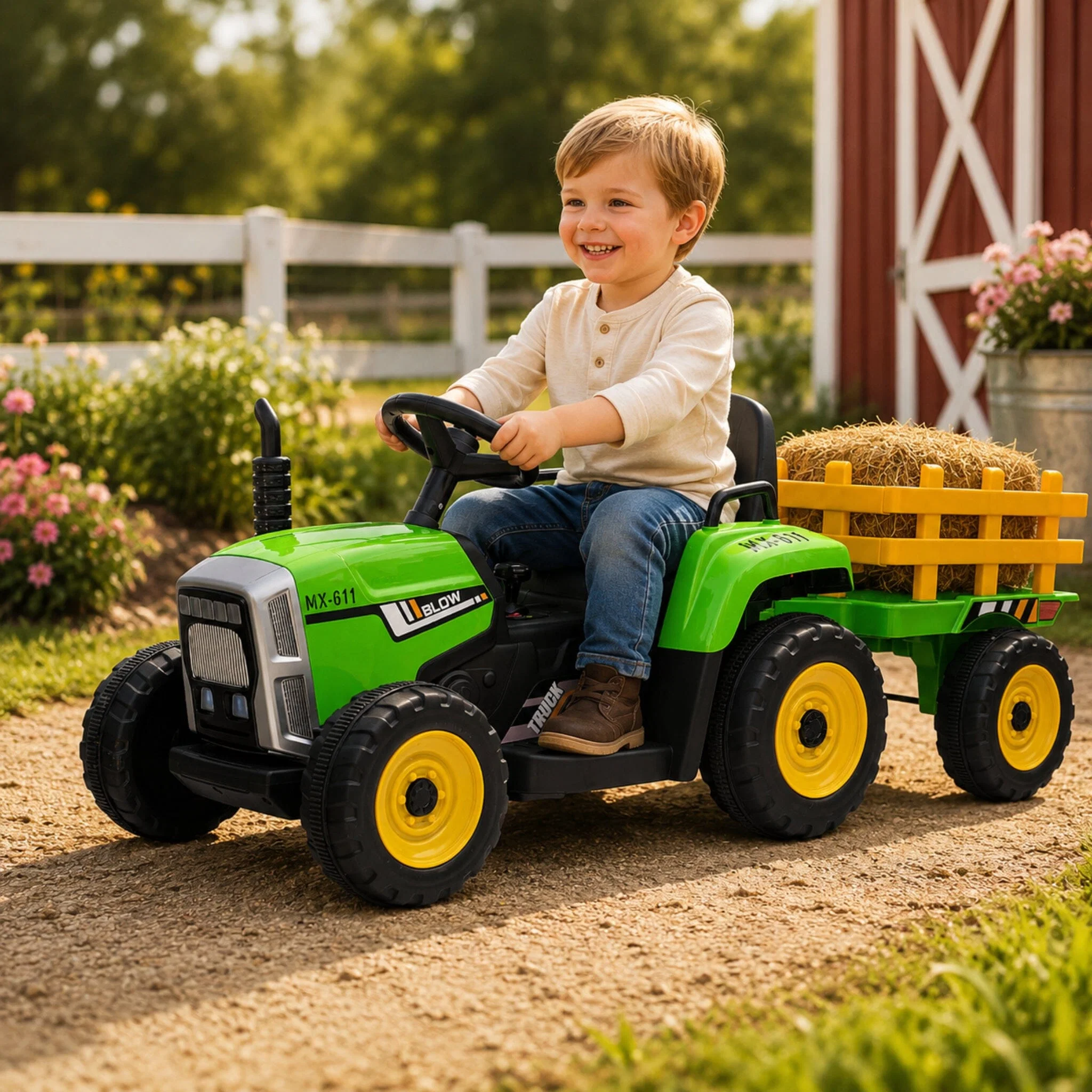 Stylish Kids Electric Ride-on Tractor with Trailer 12V Rechargeable Battery – GREEN Selected