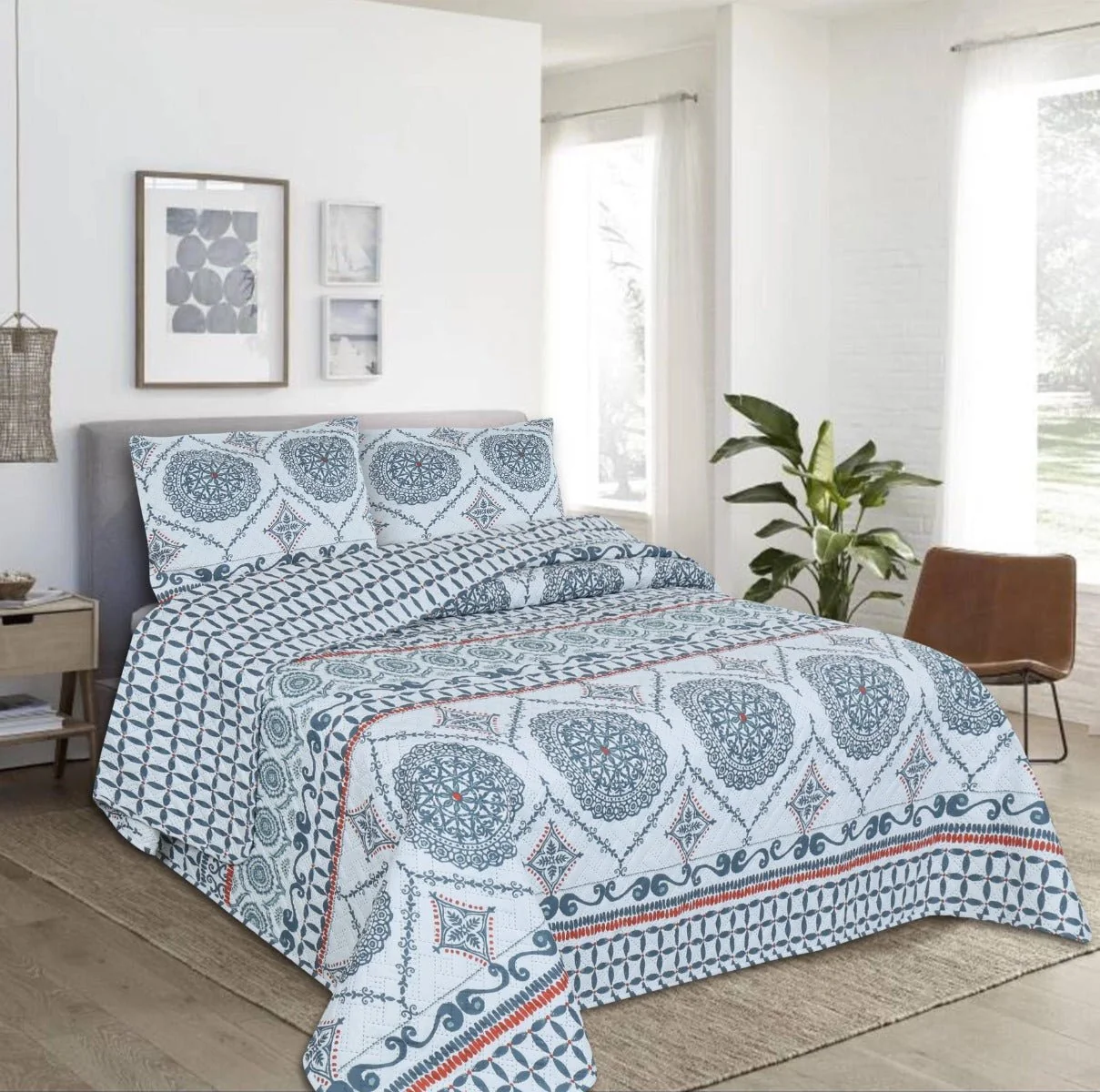 Traditional Quilt 2pc Marrakesh Blue Medallion Fine Crafted