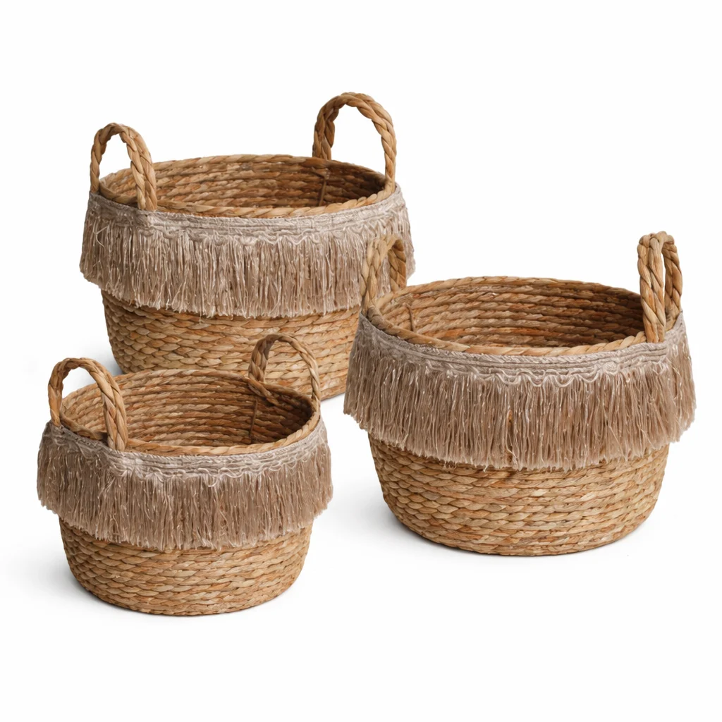 Superior Natural Fiber Storage Baskets with Fringe – Set of 3 First-Class