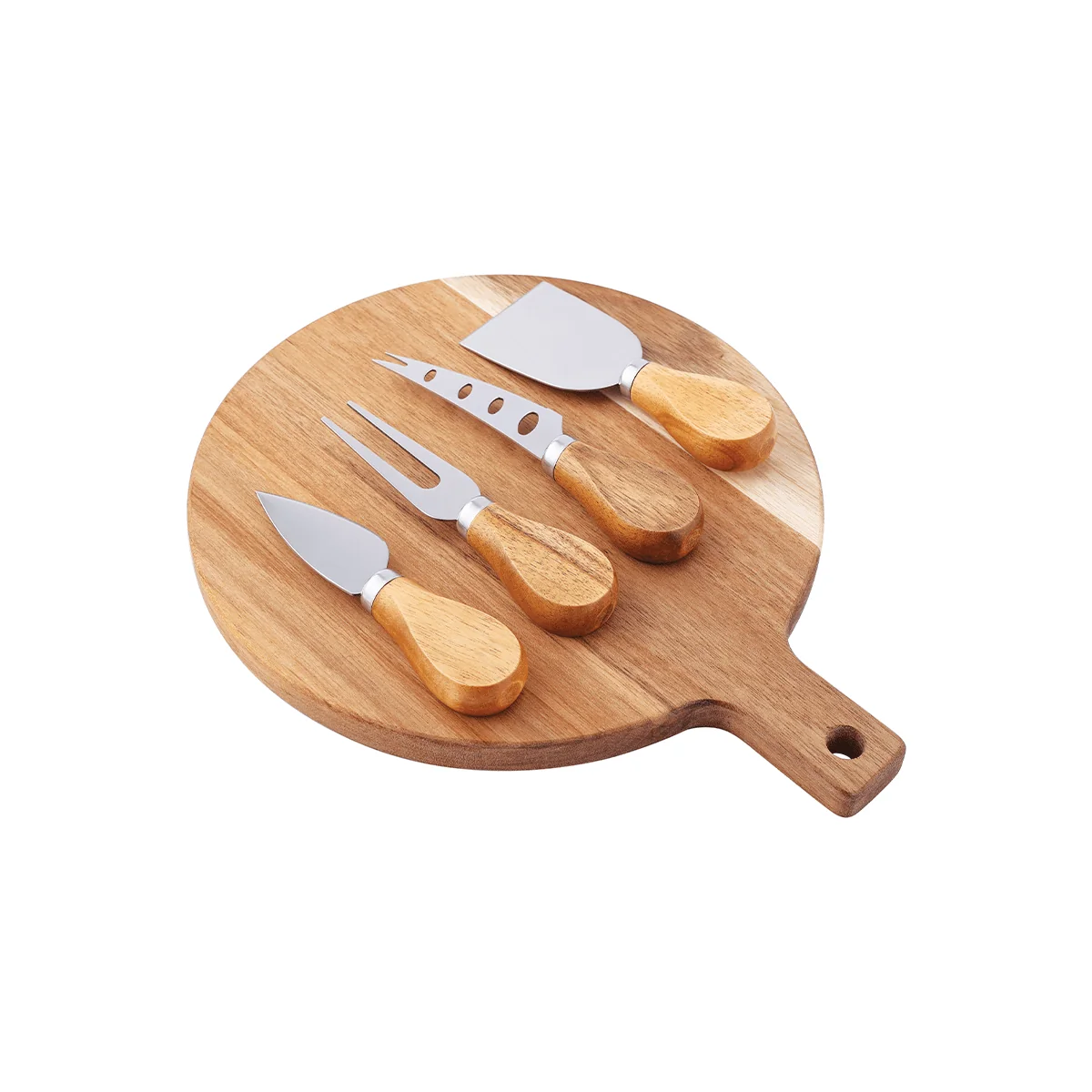 Selected Round Acacia Wood Cutting Board with Handle and Knives Fine