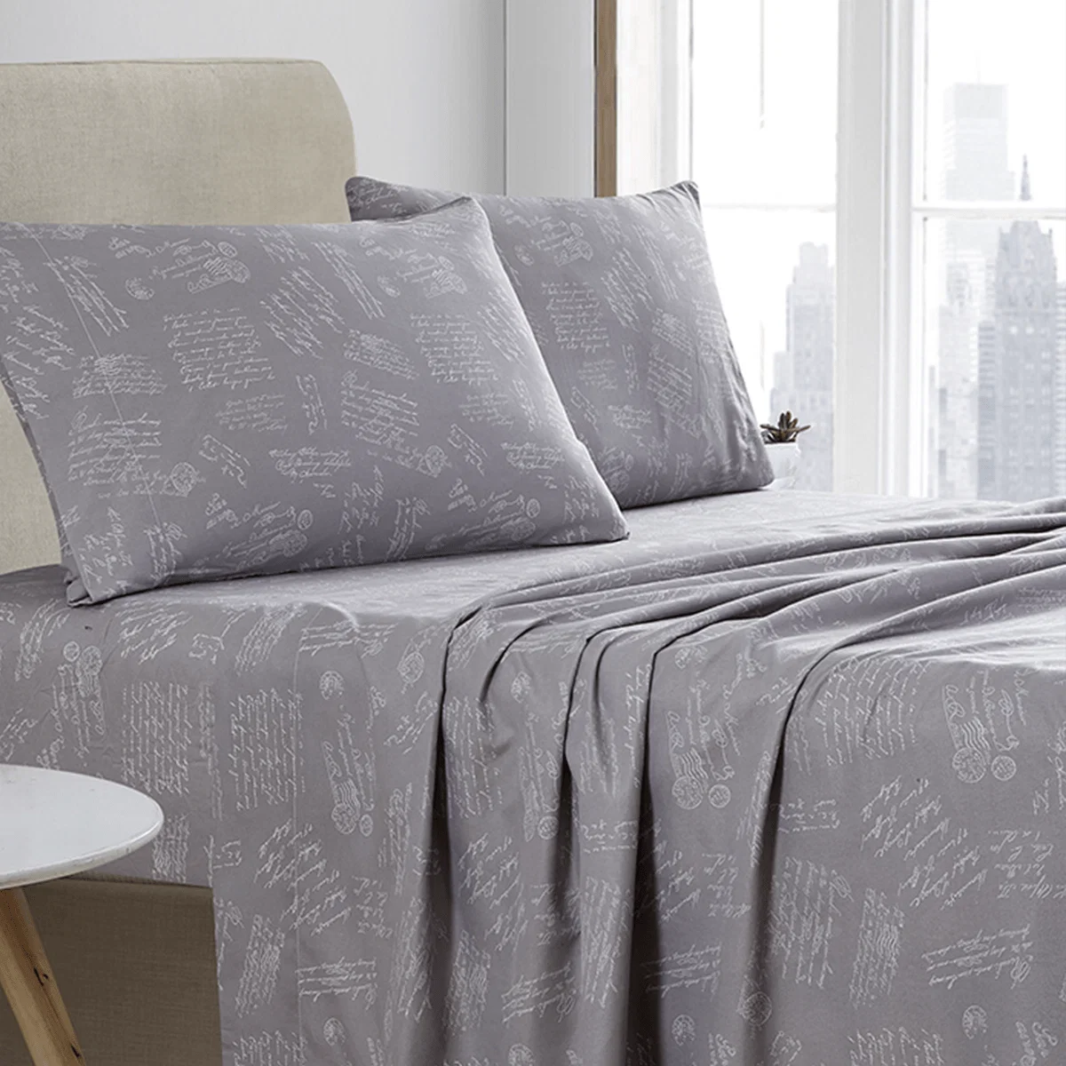 High-Quality PARIS MAP Microfiber Sheet Set-Grey High-End