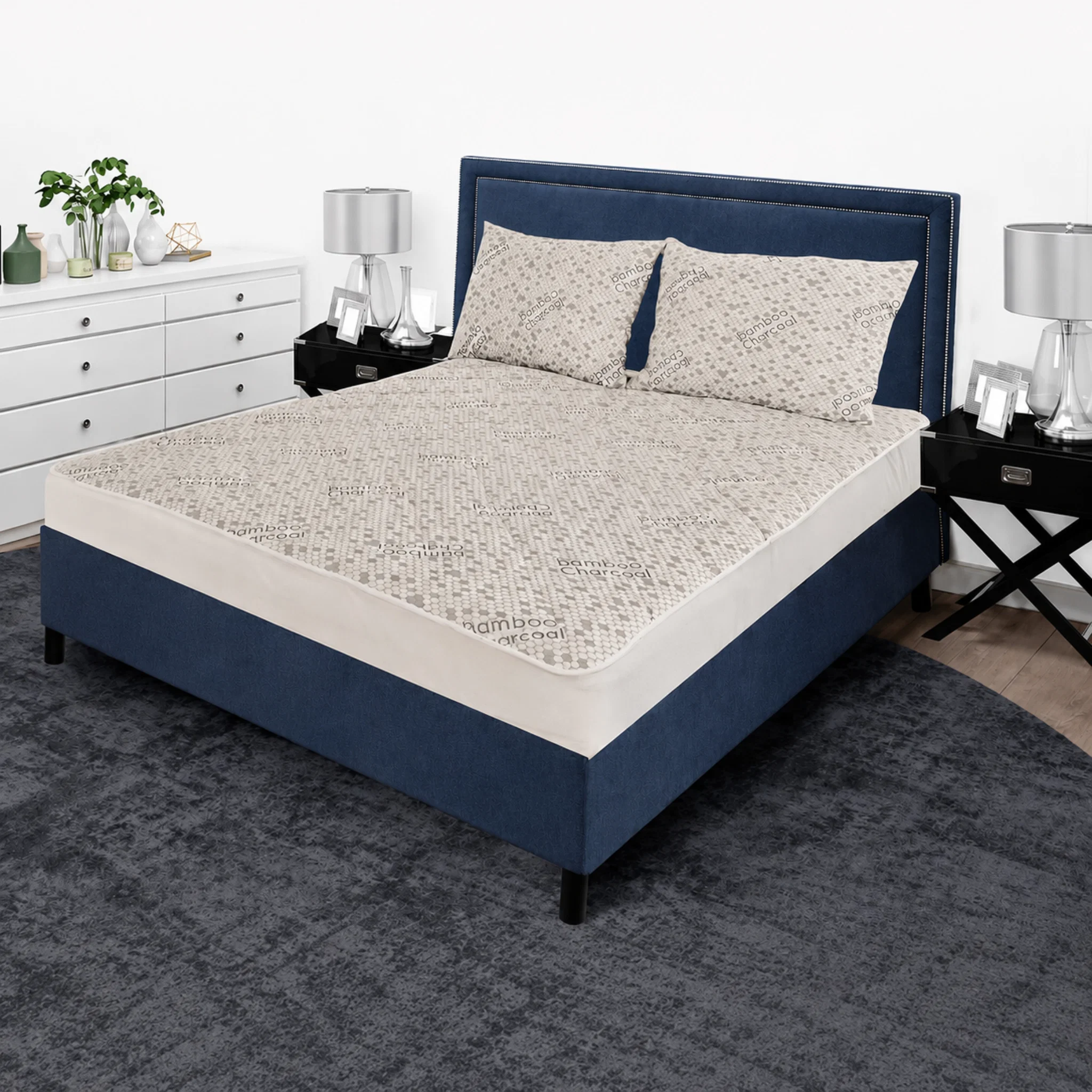 Optimized Mattress Pad Bamboo Charcoal Quilted Grey Secure