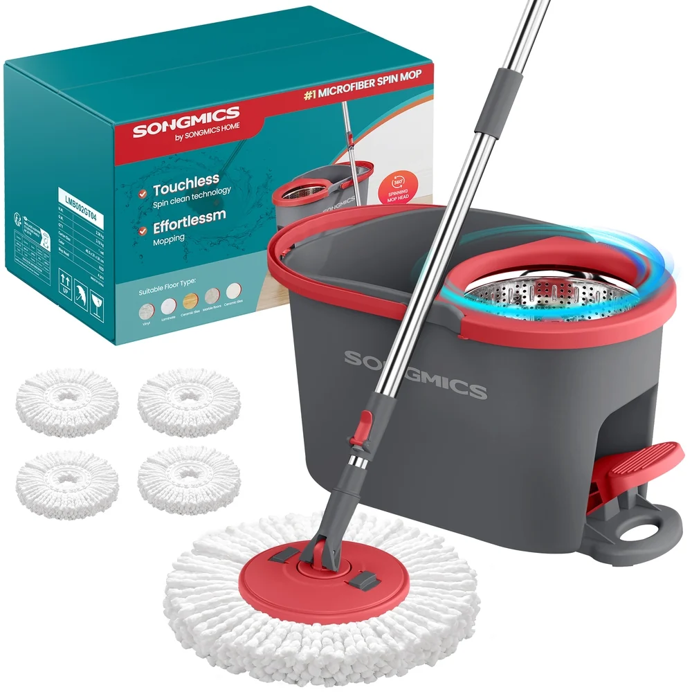 High-Grade SONGMICS 360° Spin Mop u0026 Bucket Set with Foot Pedal Wringer and Reusable Microfiber Pads Selected