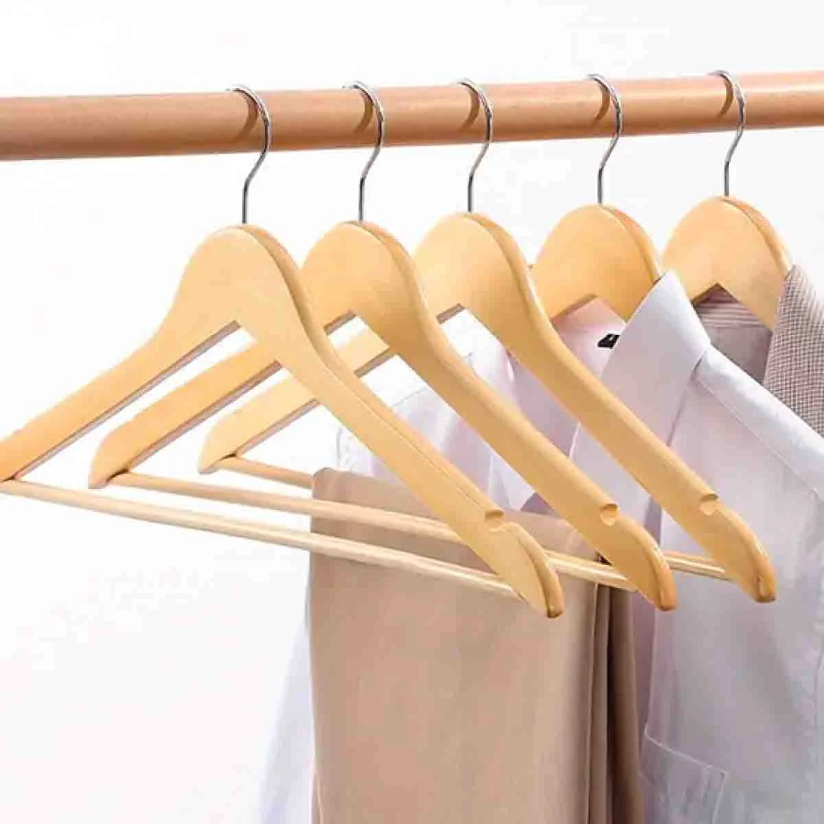 Functional 5PCS Set Wooden Hanger with Round Bar Organic