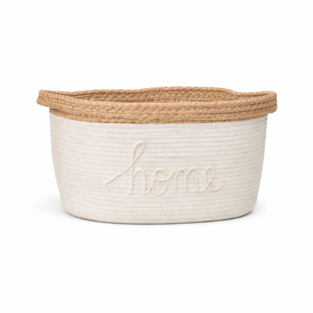 Eco-Friendly White Rope Storage Basket with Home Appliqué – 12 x 8 x 8 Quality