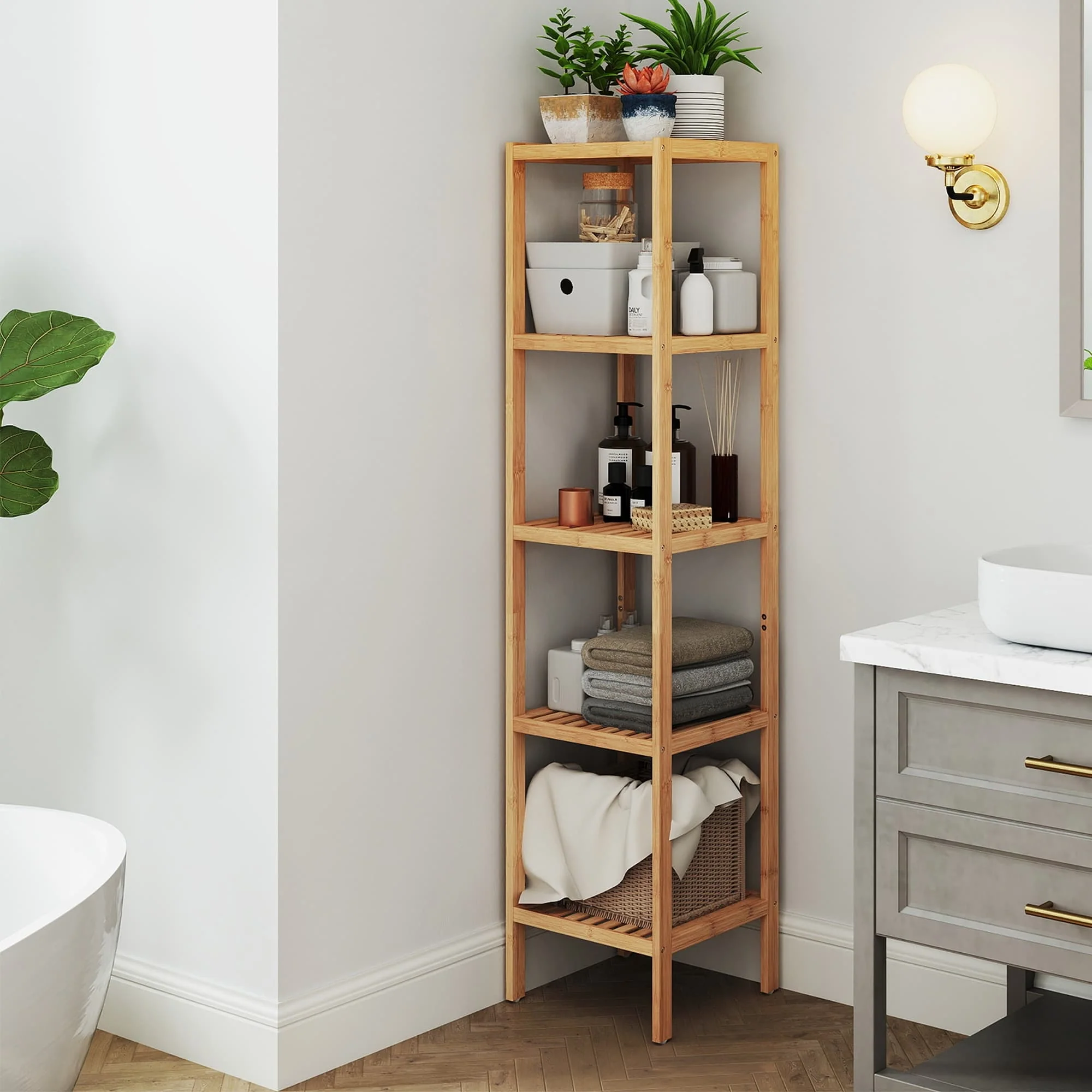 Fast SONGMICS Bamboo bathroom shelf for narrow multifunctional home storage Relaxed