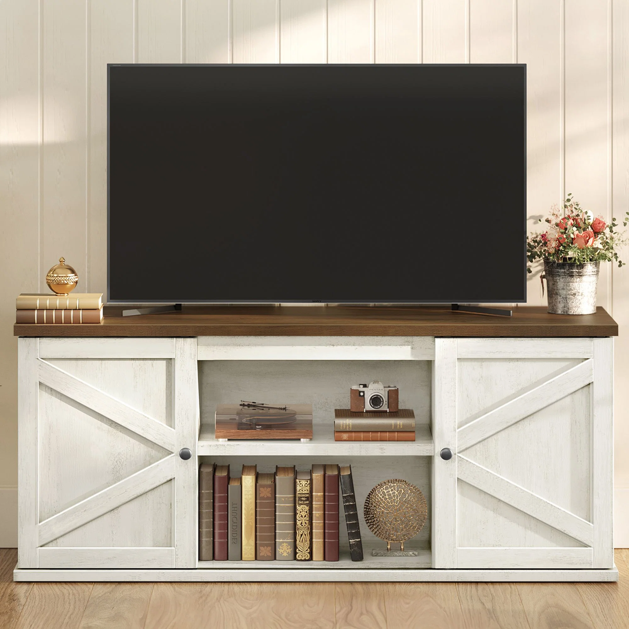 Casual VASAGLE VASAGLE Farmhouse TV Stand for T up to 65 Inches Entertainment Center with Storage Cabinets and Sliding Barn Doors Professional