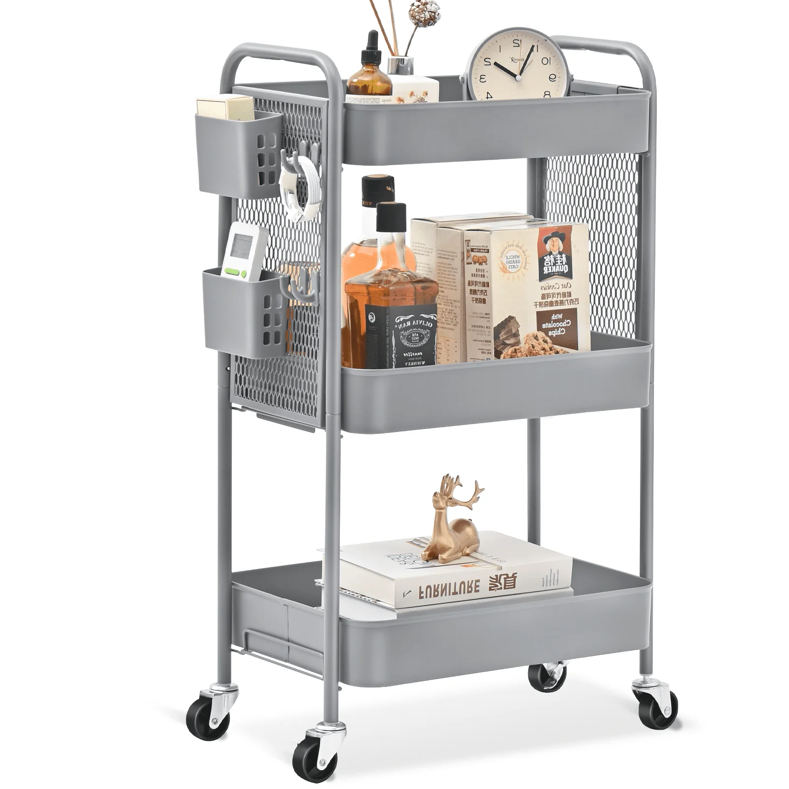 Reusable KK KINGRACK Metal Rolling Storage Cart 3-Tier Utility Cart with Wheels amp DIY Board Grey（CZ830924-7） High-Grade