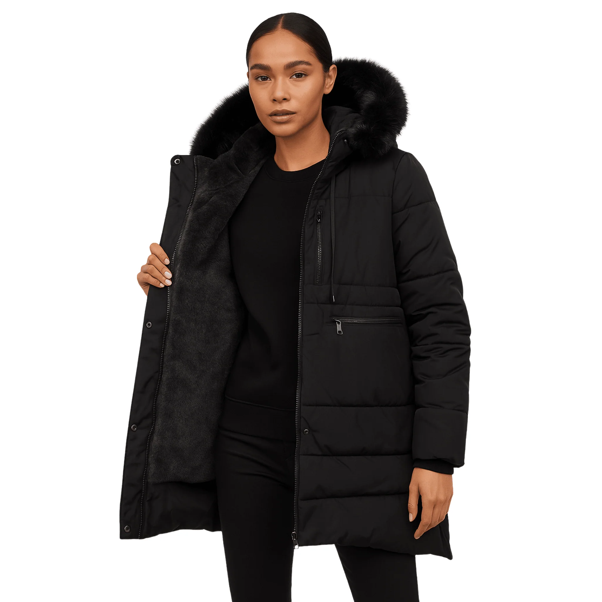 Trendy Long Puffer Coat with Faux Fur Hood Official