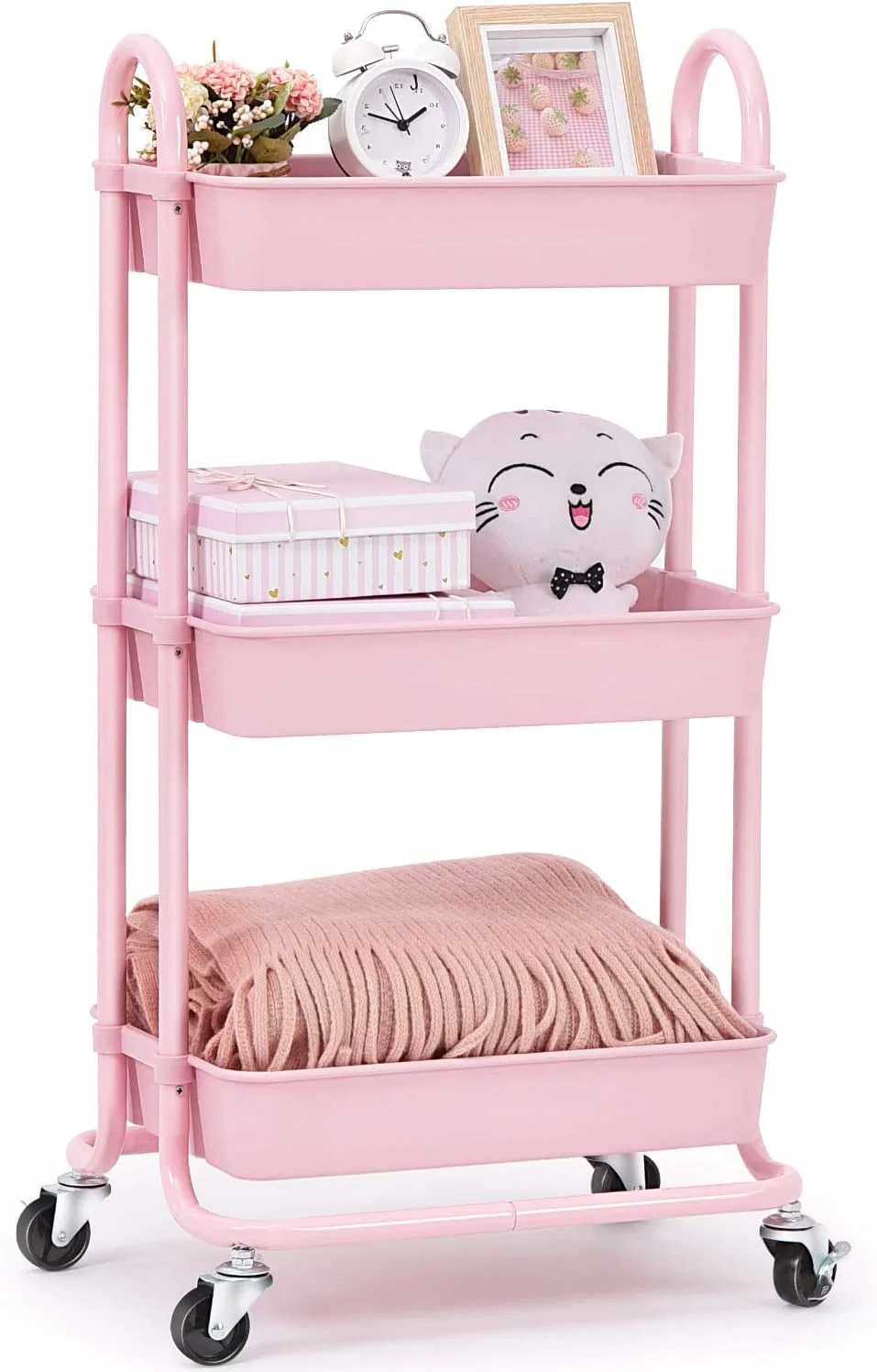 Efficient KINGRACK Utility Rolling Cart with Lockable Wheels Multi-Purpose Storage Organizer Organizer Trolley with Handles Serving Trolley with Mesh Basket for Home Office Kitchen Bathroom Pink WK830161-2 Smooth