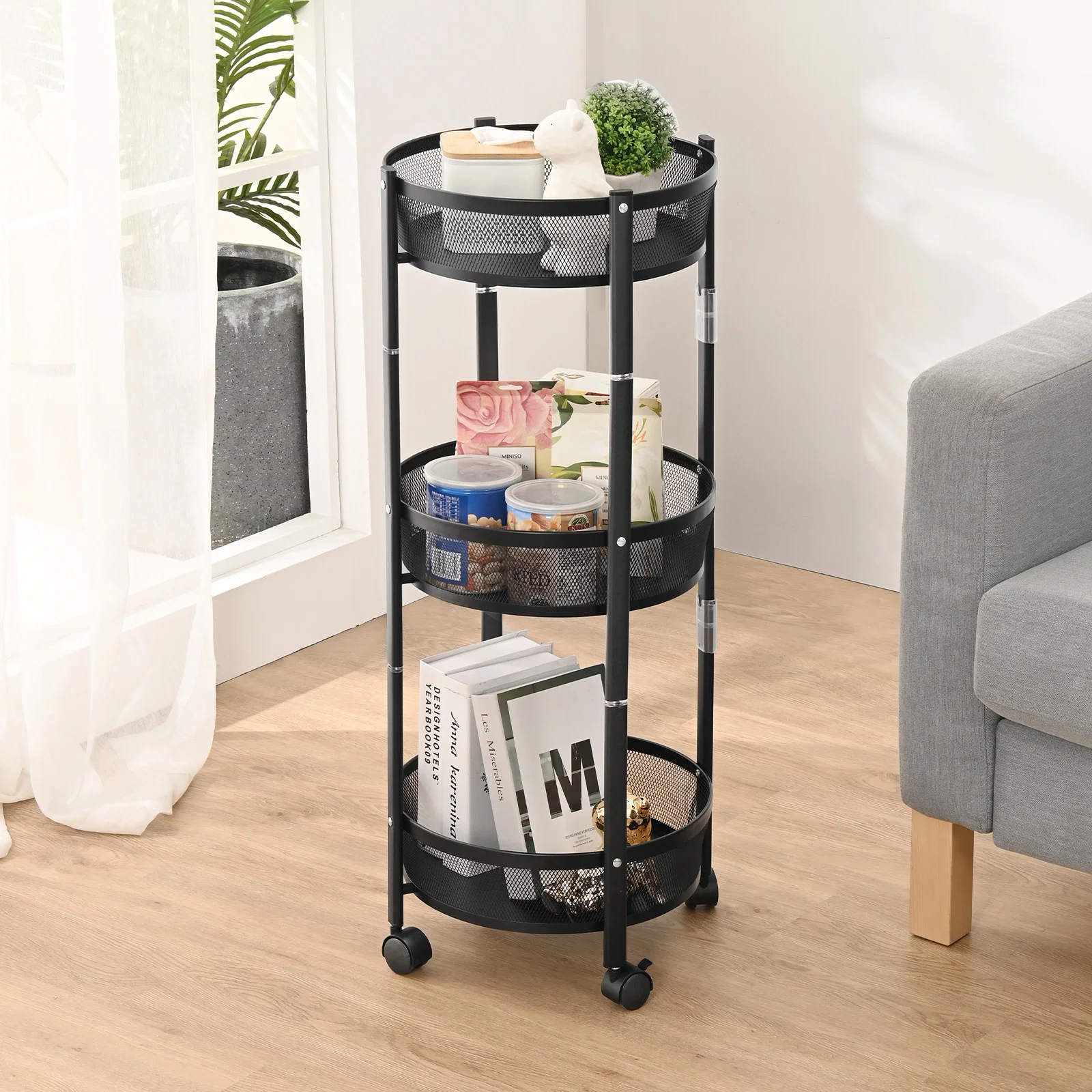 Advanced KINGRACK Foldable 3 Tier Rolling Cart Installtion- Round Mesh Baskets Cart Storage Rolling Trolley Rack Cart Black RY810195-1 Responsible