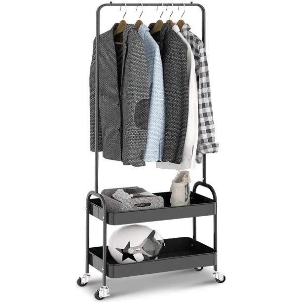Fast INGRACK 2-in 1 Garment Rack Clothing Rack with 2 Tier Metal Basket Rolling Storage Cart Clothes Organizer WK830503-B Efficient