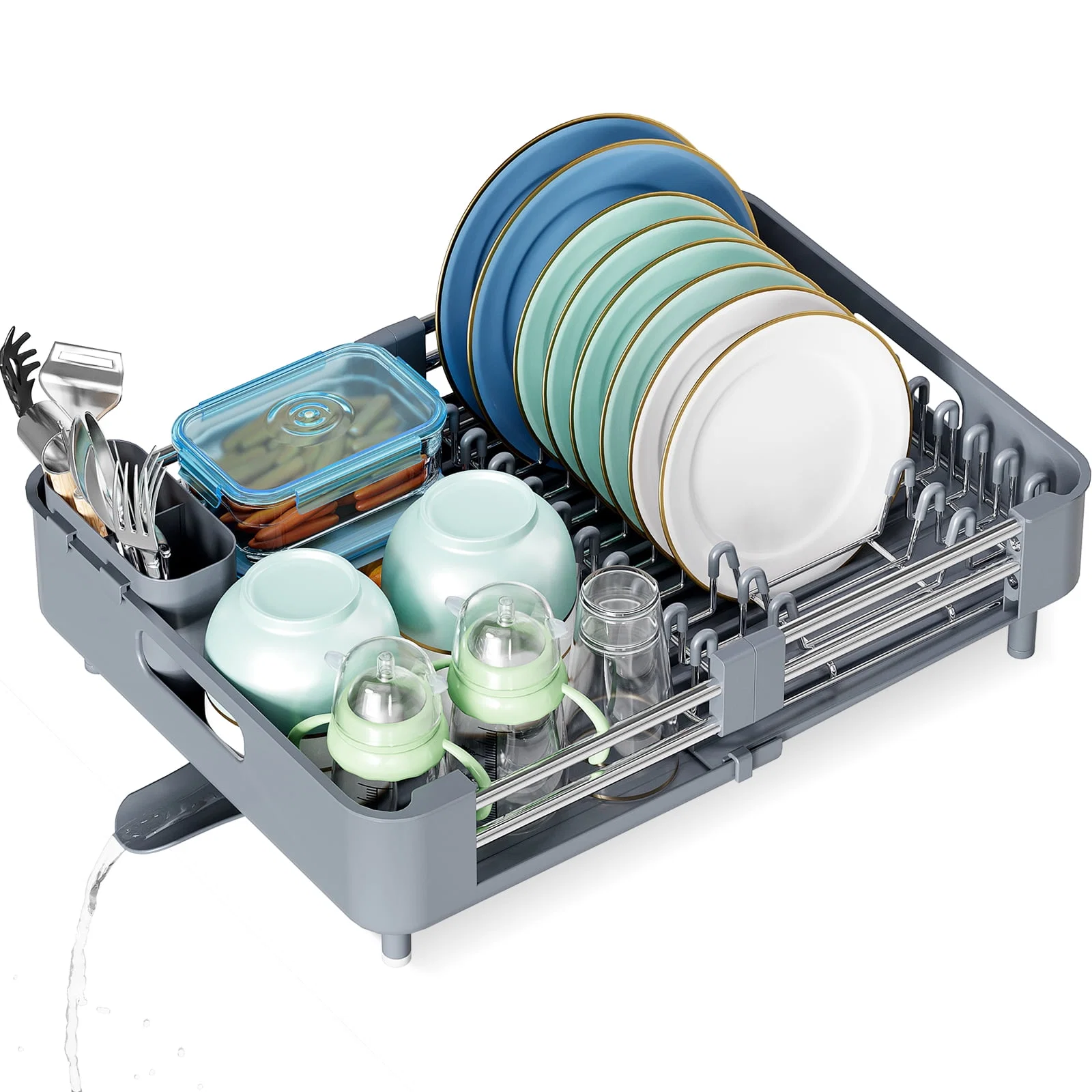 Reusable Kingrack Extendable Dish Rack Dual Part Dish Drainers with Non-Scratch and Movable Cutlery Drainer and Drainage Spout WK810172-6 Selected