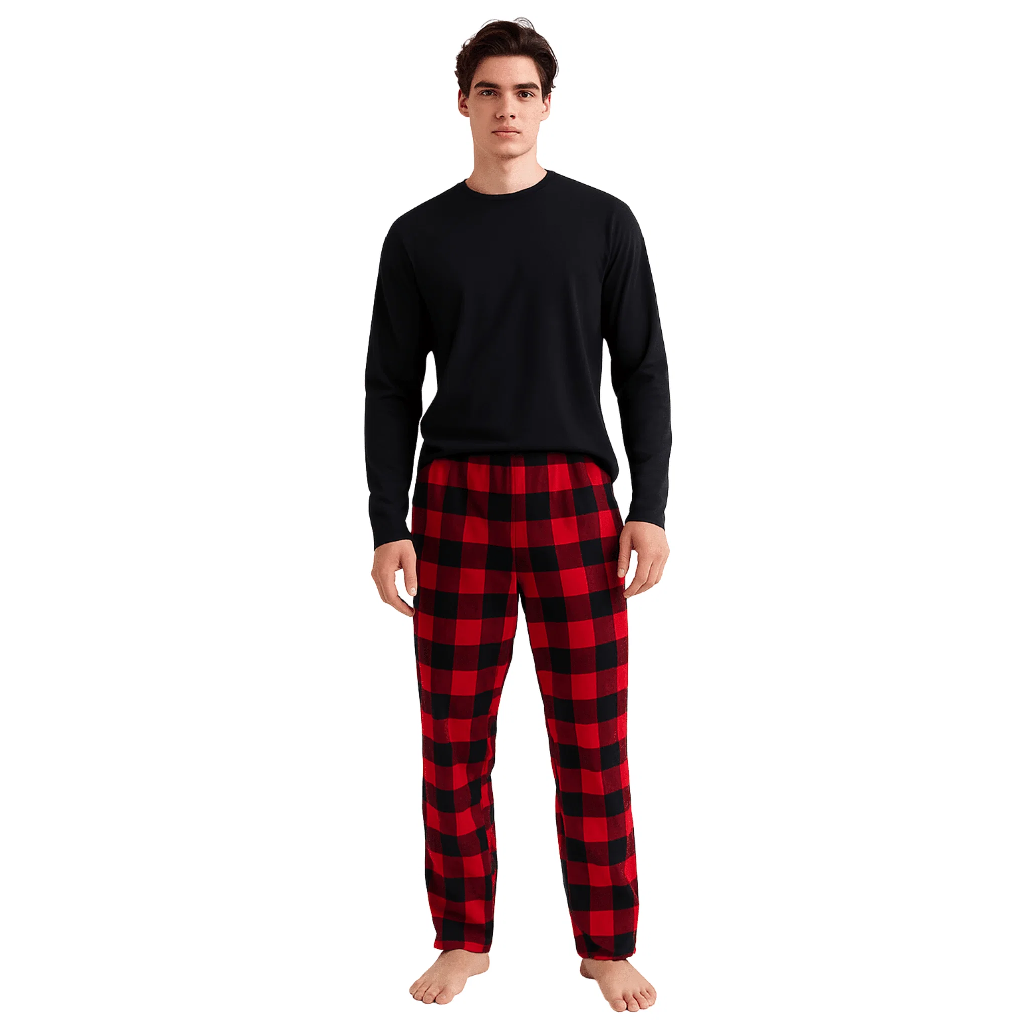Soft Men s Cozy Lounge Set – Black Top Red Buffalo Plaid Pants Minimalist