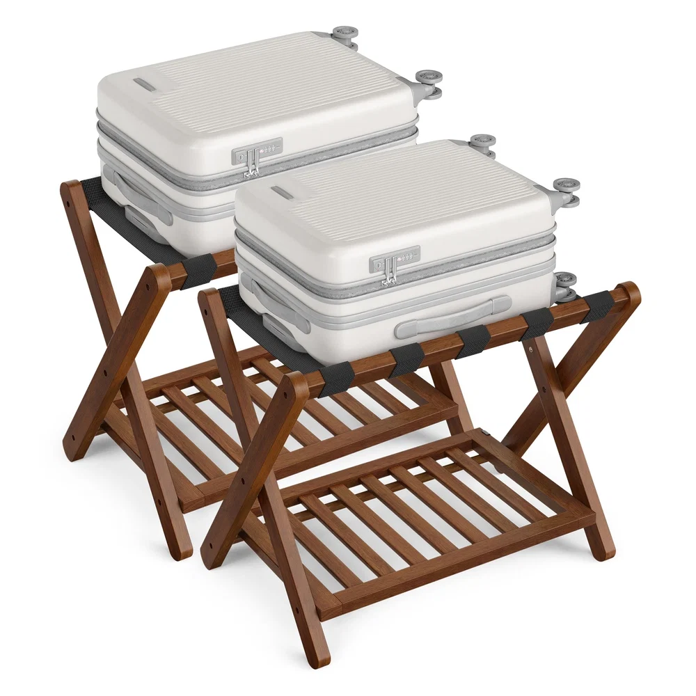 Dependable SONGMICS Solid Wood Luggage Racks Set of 2 No Assembly Required Foldable Suitcase Stand Luggage Holder with Storage Shelf for Guest Room Hotel Bedroom Coffee Brown Durable