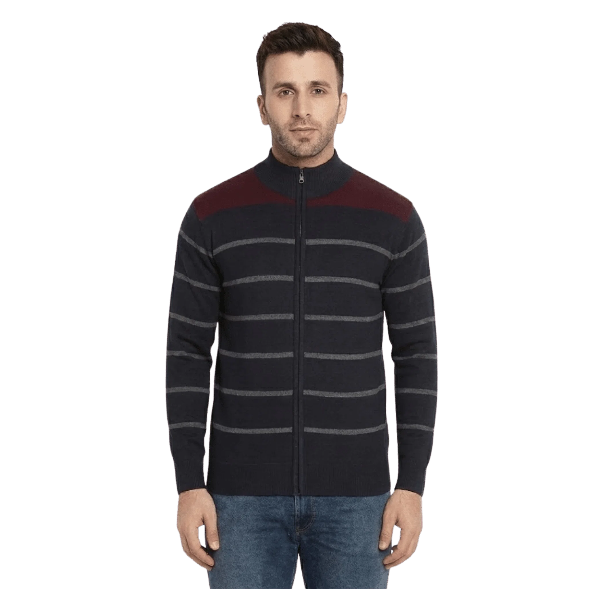 Traditional Striped Knit Zip-Up Cardigan Natural