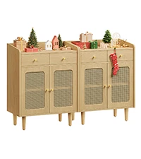 Healthy VASAGLE VASAGLE BOHOVEN Collection – Buffet Cabinets Set of 2 Sideboard Storage Cabinets with Rattan-Like Doors and Drawers Accent Cabinets Adjustable Shelf Boho Style for Living Room Oak Beige Long-Lasting