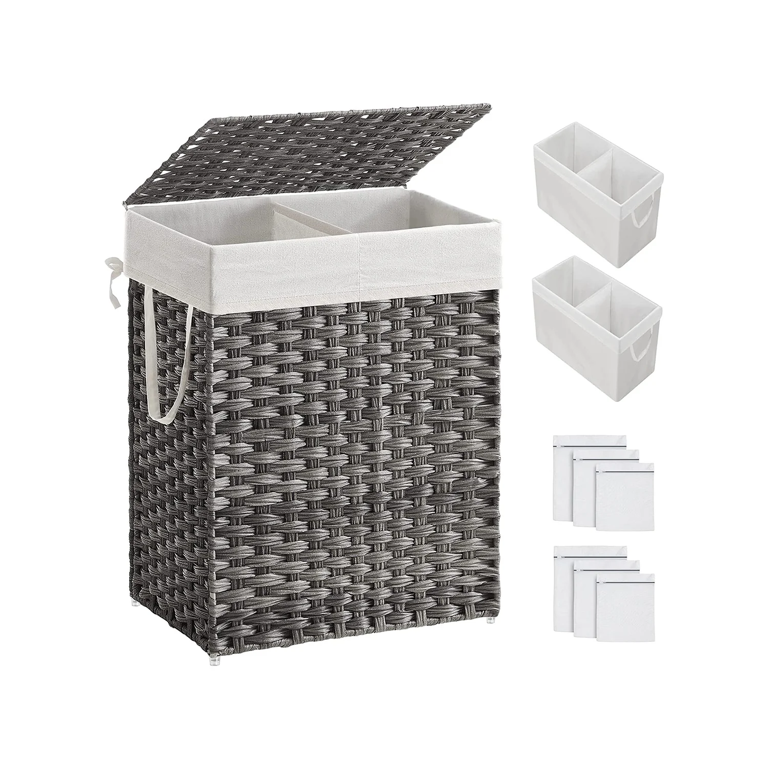 Contemporary SONGMICS SONGMICS Laundry Hamper with Lid 90L Clothes Hamper with 2 Removable Liner Bags 6 Mesh Bags Wicker Laundry Basket Double Laundry Hamper for Bathroom 13 x 18.1 x 23.6 Inches Gray Flexible