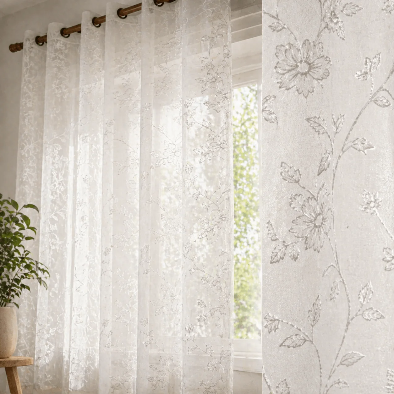 Modern Sheer Floral Embroidered Grommet Curtain Panel – White Trendy