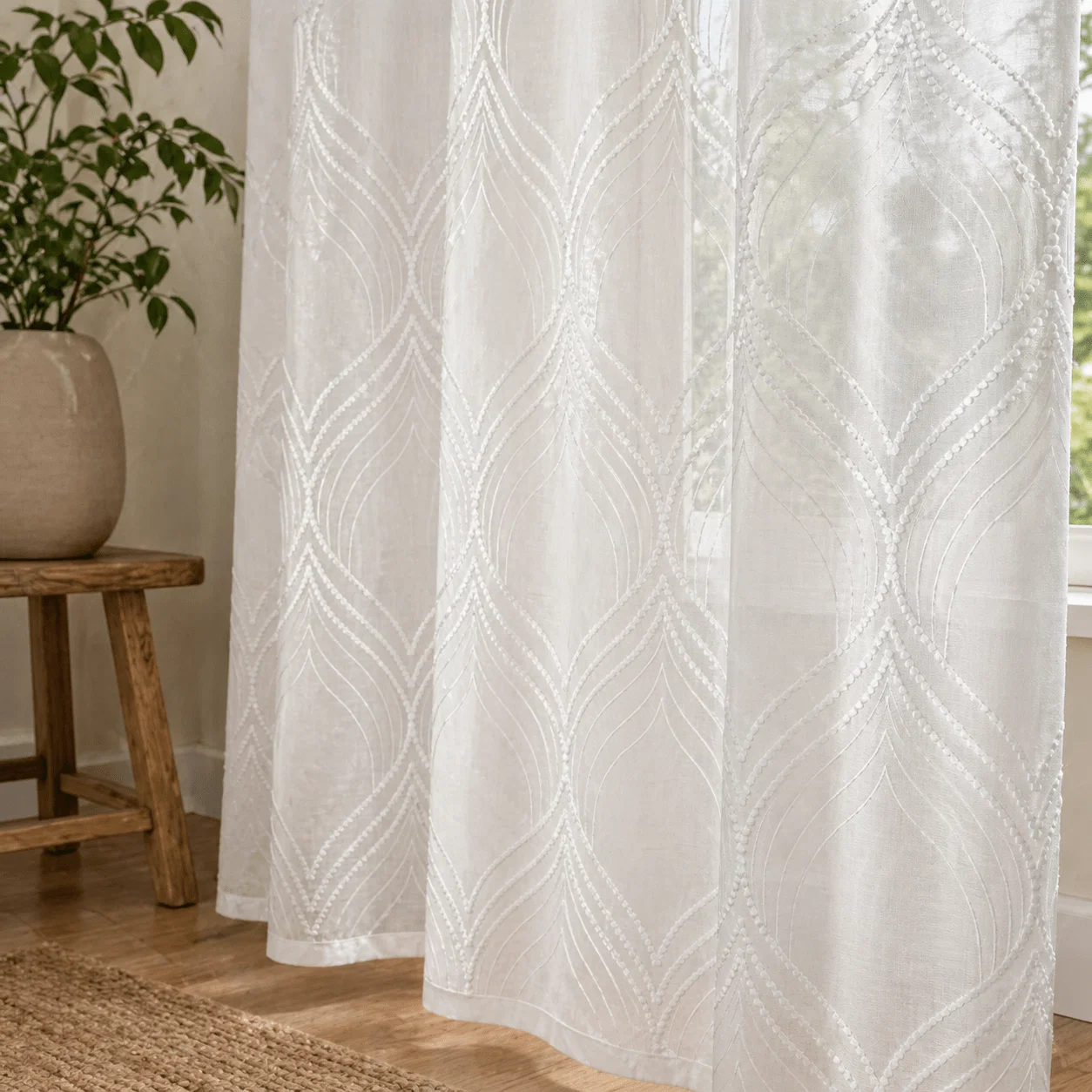Next-Generation Sheer Geometric Embroidered Grommet Curtain Panel – White Smooth