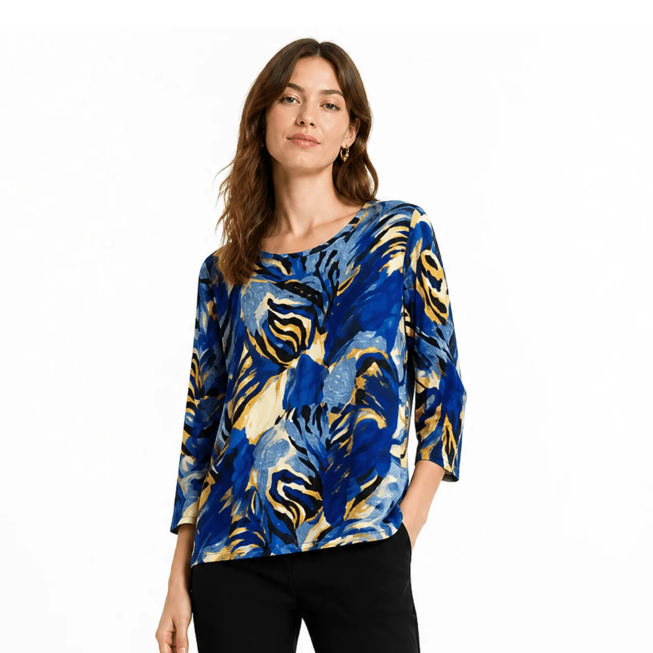 Lightweight Printed 3 4 Sleeve Knit Top Consistent