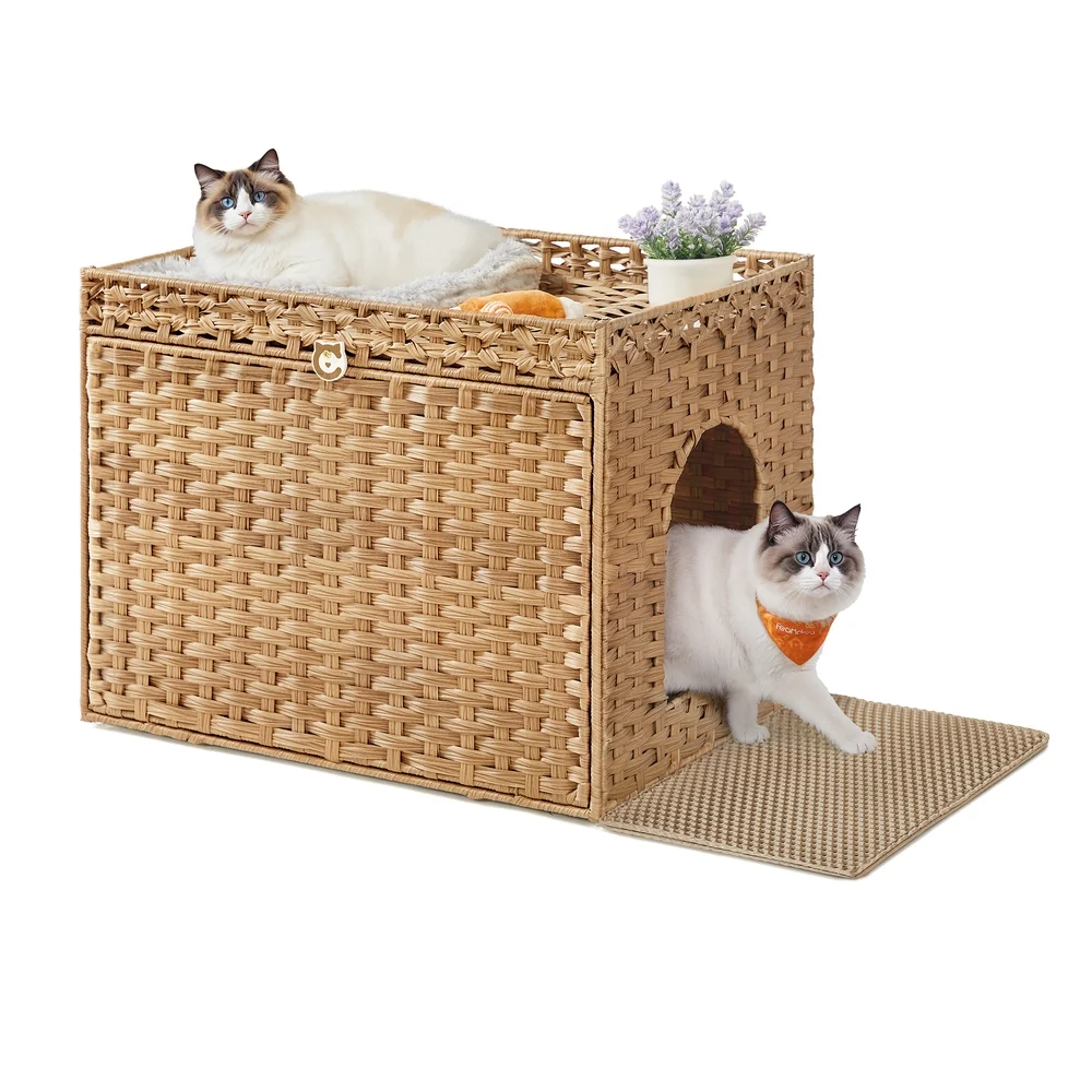 Optimized Feandrea Cat Litter Box Enclosure with Extra Litter Mat and Removable Washable Tray Professional