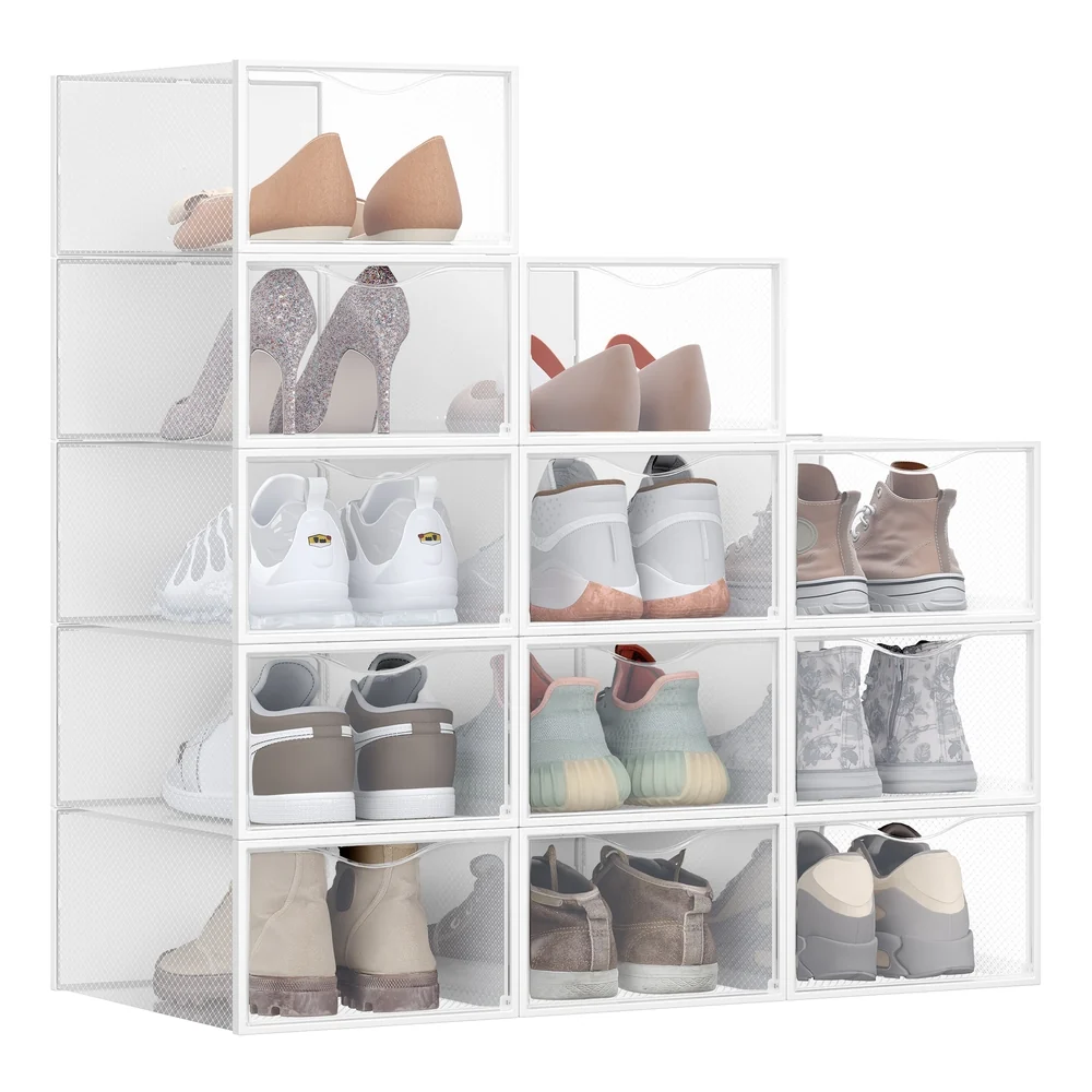 Traditional SONGMICS SONGMICS Stackable Shoe Boxes Set of 12 Plastic Shoe Organizers with Door Enhanced