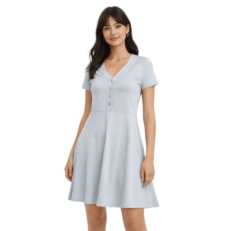 Efficient Ribbed Henley V-Neck Fit Flare Dress High-End
