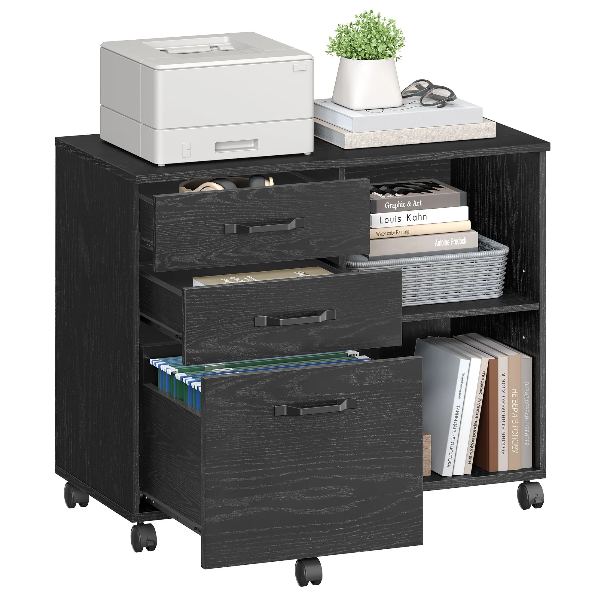 Durable VASAGLE VASAGLE Lateral File Cabinet Home Office Printer Stand 3-Drawer Mobile Filing Cabinet with Open Storage Shelves for A4 Letter-Size Files Safe
