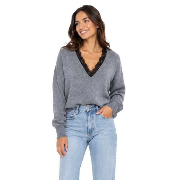 Trusted Women’s Mohair-Blend V-Neck Knit Sweater with Lace Trim Optimized