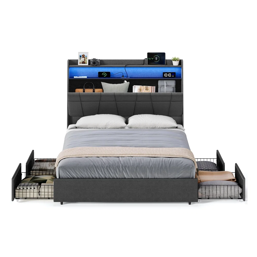 Recyclable VASAGLE Bed Frame Queen Size with LED Lights Charging Station User-Friendly