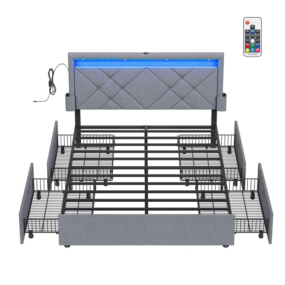 Organic VASAGLE LED Bed Frame Queen Size with Headboard and 4 Drawers Minimalist