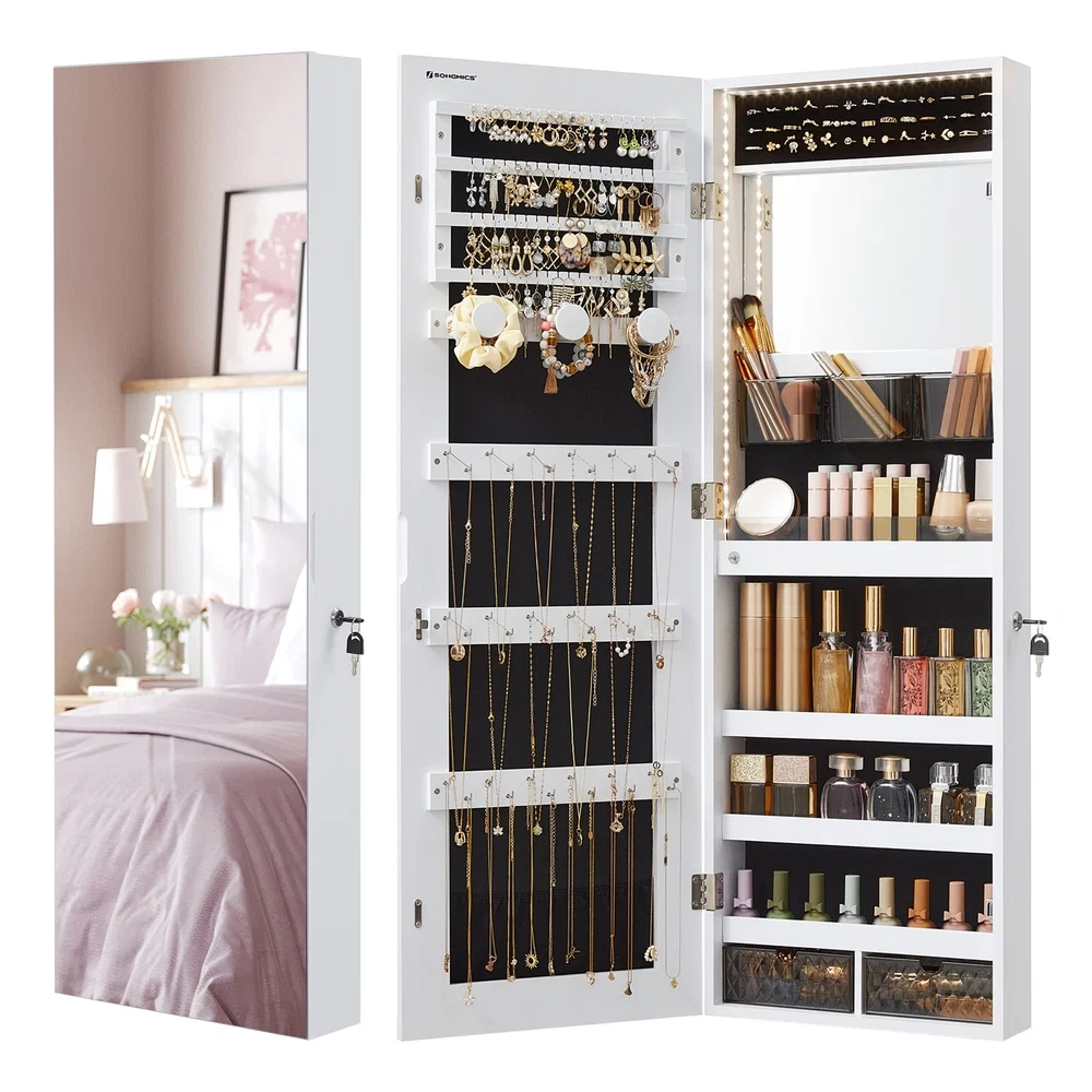 Exclusive SONGMICS Hanging Jewelry Cabinet Armoire with Built-in Mirror and LED Lights Smooth