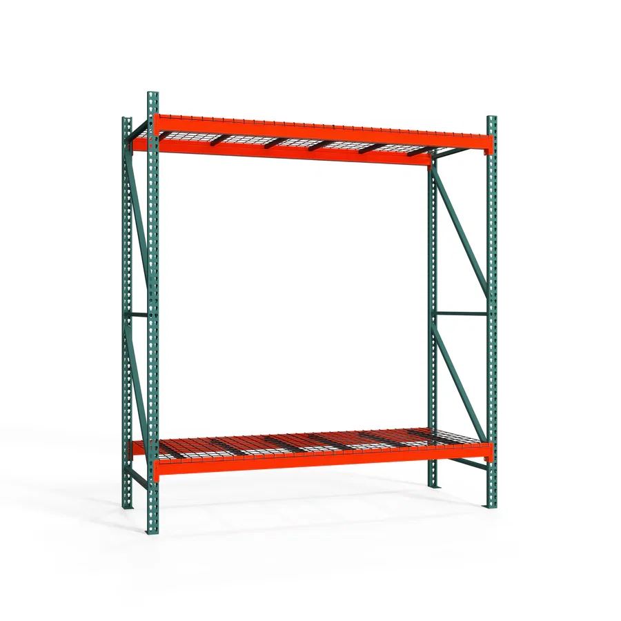 Efficient 2-Tier Teardrop Pallet Rack Starter Units w Wire Decking – 36 quot d x 120 quot h Green