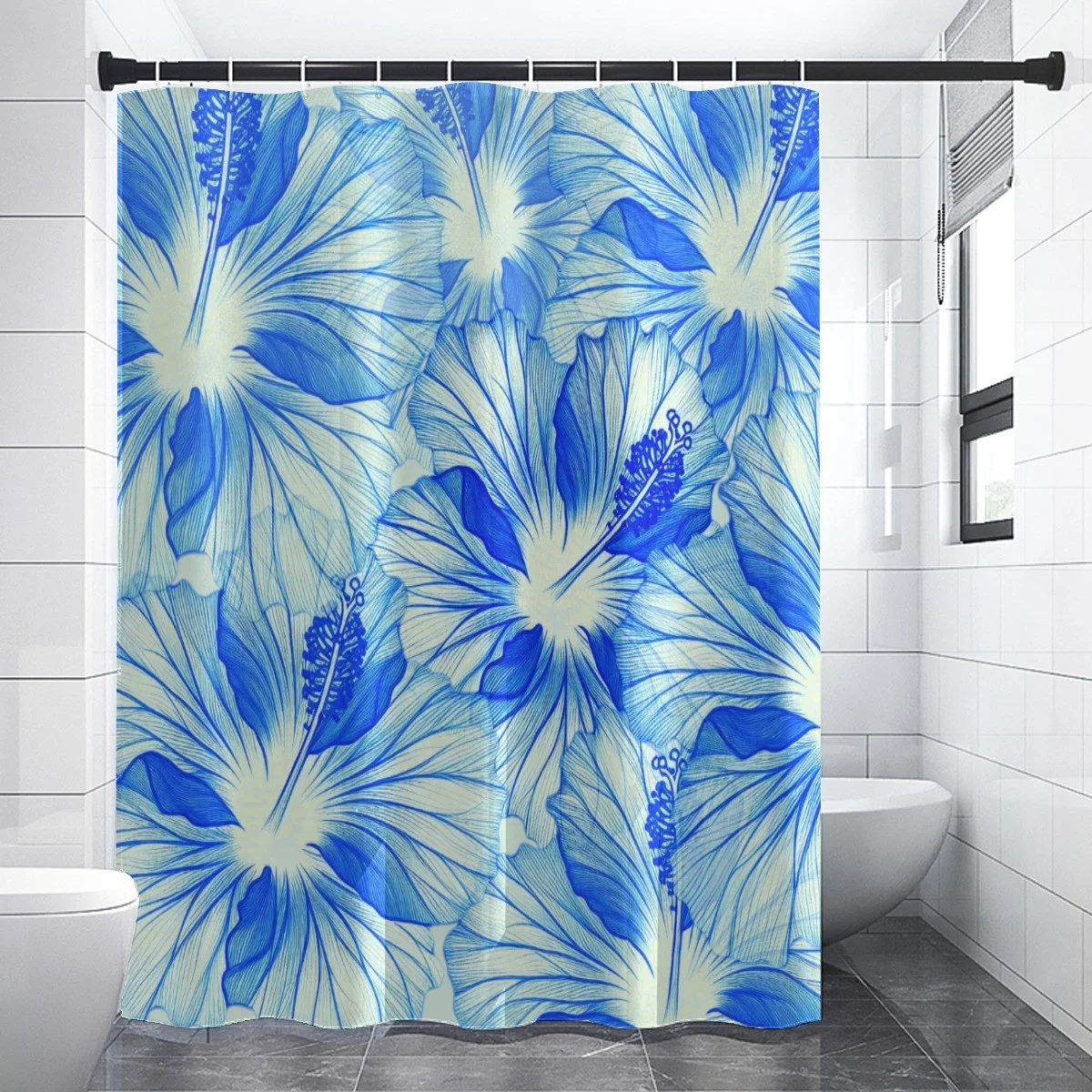 Certified ROBERT JAMES SHOWER CURTAIN HIBISCUS SPREAD BLUE Fine Crafted