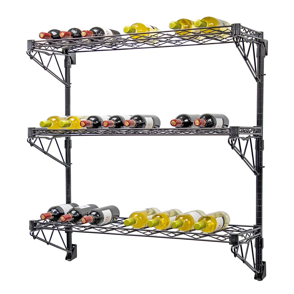 Durable 14 quot d Black Single Wall-Mounted Wine Racks w 3 Shelves Smooth