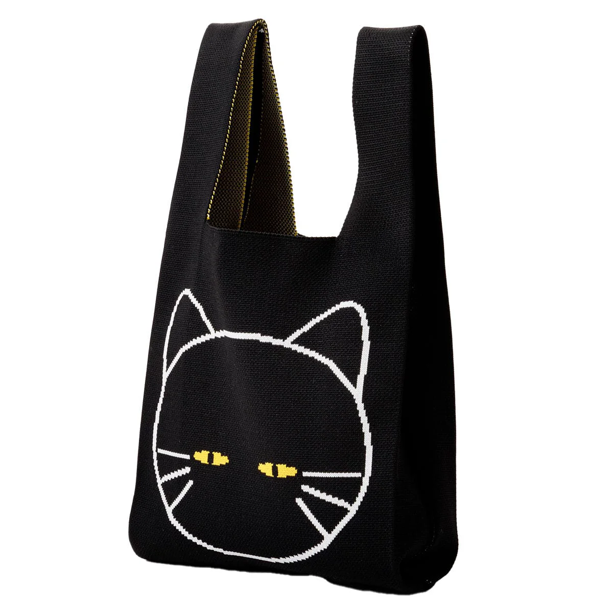 Secure Knitted Tote Bag Cat Design 26 x 46 cm Black Crafted