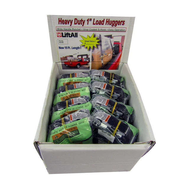High-Grade Lift-All Load Hugger™ 1 in. x 15 ft. Polyester Tie Down w Ratchet 1-Ply Coated Open Hook 2 100 lbs. Strength 700 lbs. Working Load Limit 16 pc Proven