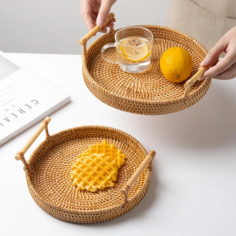Solid Ownkoti Hand Woven Rattan Round Tray With Handles Expertly Made