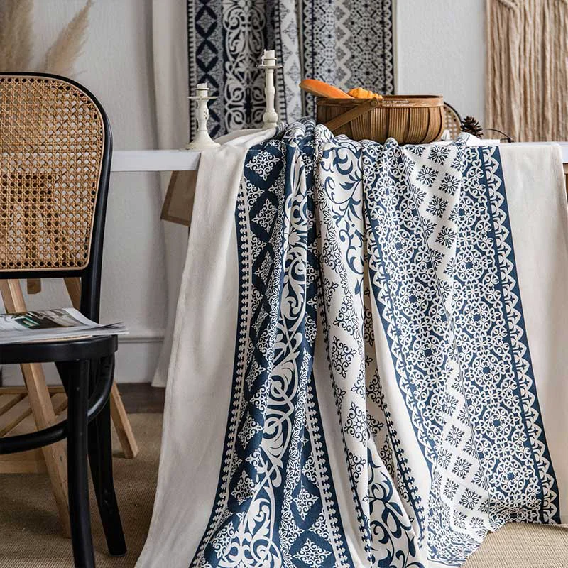 Environmentally Friendly Ownkoti Cotton Linen Blue Pattern Curtain Next-Generation