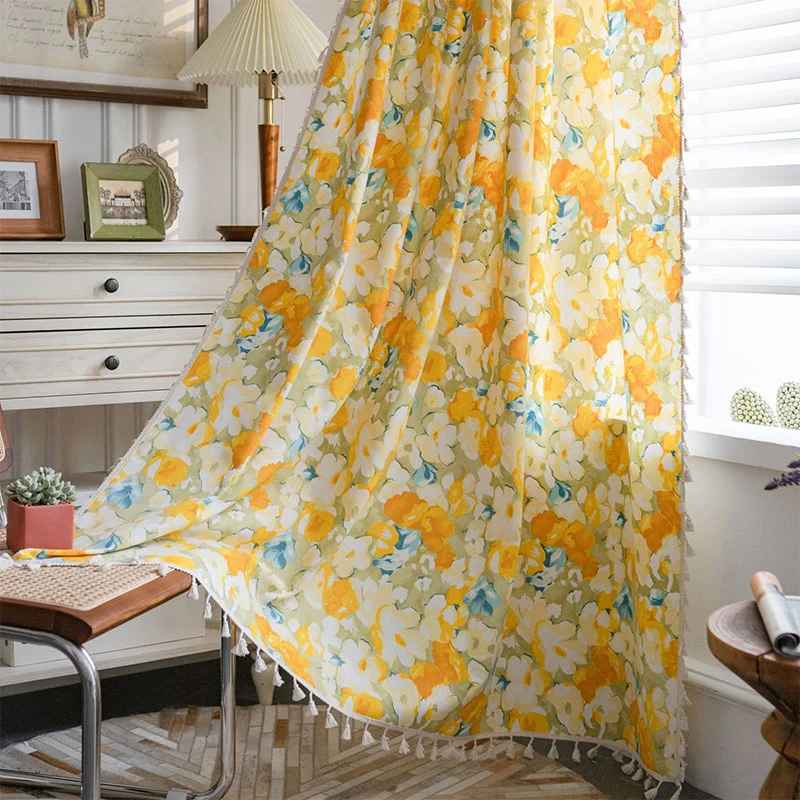 Refined Ownkoti Yellow Flower Cotton Linen Curtain Versatile