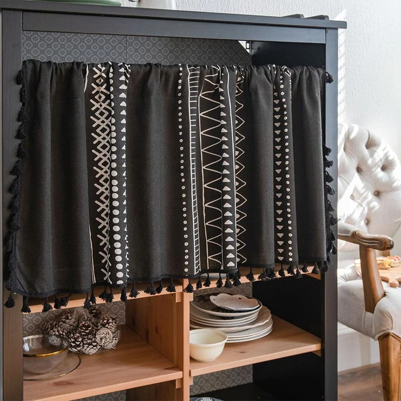 Flexible Ownkoti Black White Pattern Tassel Tier Curtain Environmentally Friendly