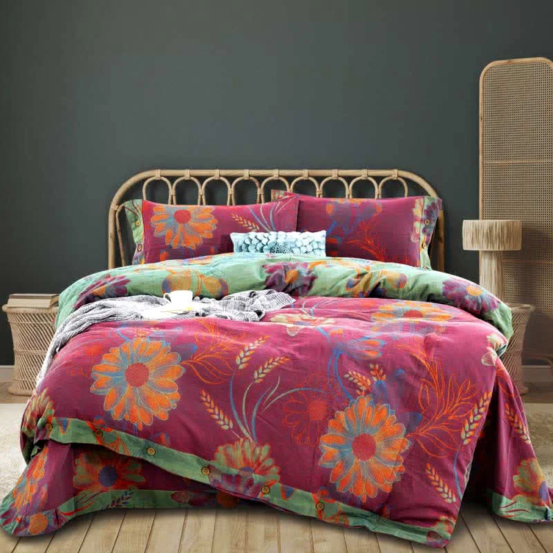 Certified Ownkoti Floral Button Duvet Cover Bedsheet amp Pillowcases 4PCS Organic