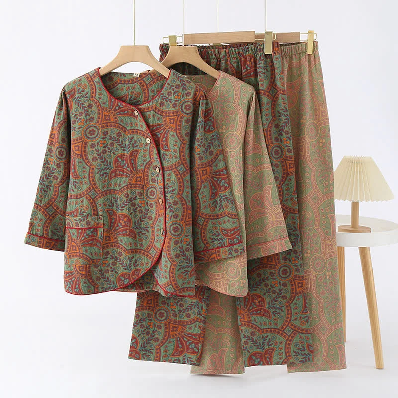 Refined Ownkoti Vintage Jacquard Round Neck Loungewear Set Fashionable