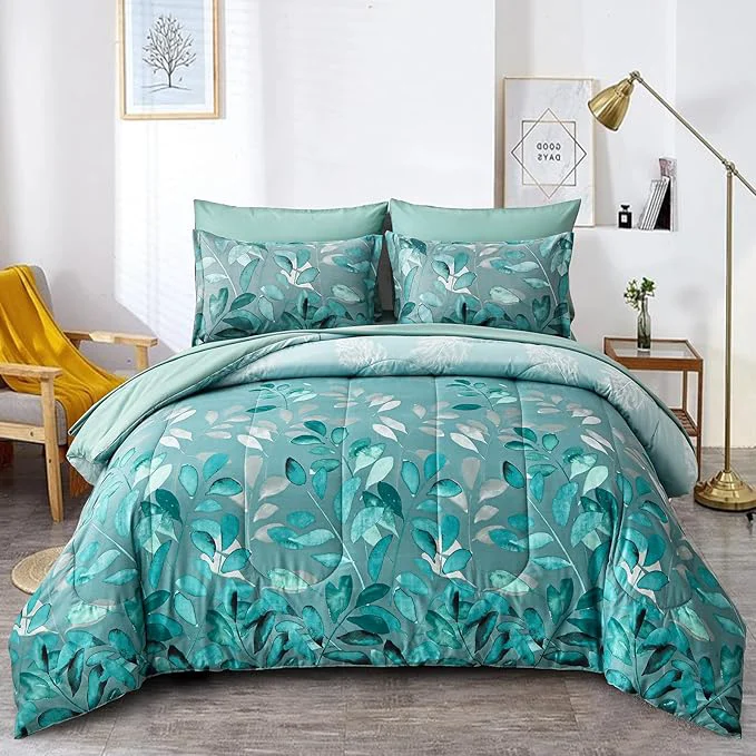 Sophisticated Anibedding Aqua Comforter Set Queen Size 7 Pieces Botanical Leaves Reversible Soft Microfiber Bed in a Bag with Sheets Set All Season 90 quot x90 quot Expertly Made