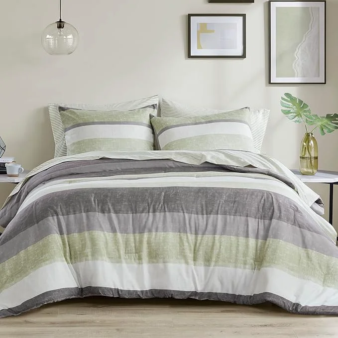 Enhanced Madison Park Essentials Jaxon Full Comforter Set Bed in A Bag Comforter amp Sheet Set Modern Casual Stripes Print All Seasons Soft Bedding Makeover Matching Sham Full Green Grey 7 Piece High-Quality