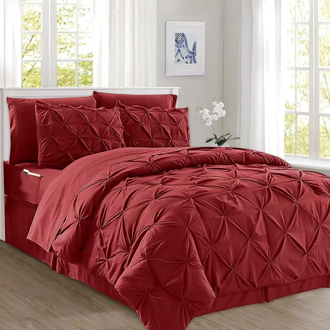 Professional Elegant Comfort 8-Piece Pinch Pleated Comforter Set – All Season Complete Bed in a Bag Includes 4pc Smart Sheet Set Bed Skirt Comforter Matching Pillowcases and Shams Twin Twin XL Wine Red Fashionable