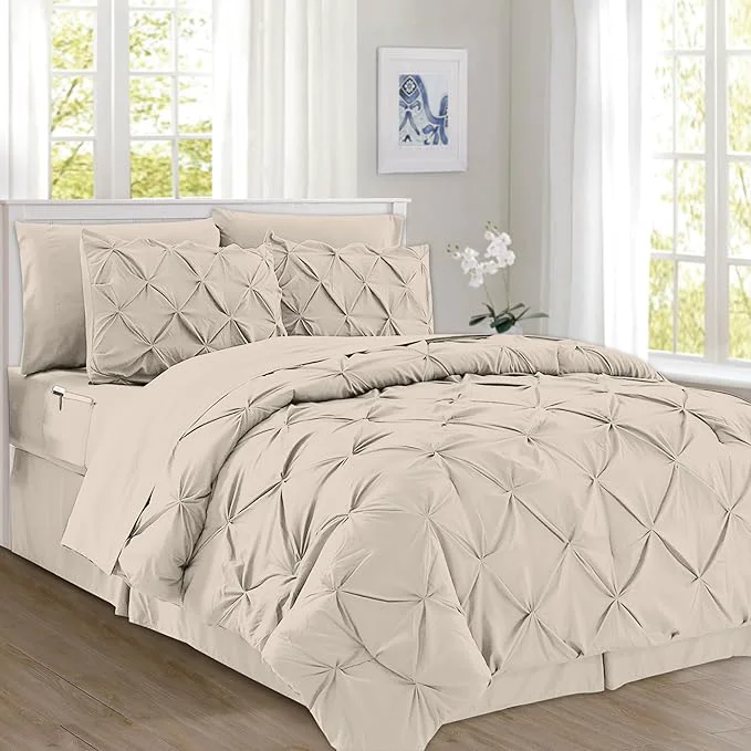Comfortable Elegant Comfort 8-Piece Pinch Pleated Comforter Set – All Season Complete Bed in a Bag Includes 4pc Smart Sheet Set Bed Skirt Comforter Matching Pillowcases and Shams Twin Twin XL Cream Classic