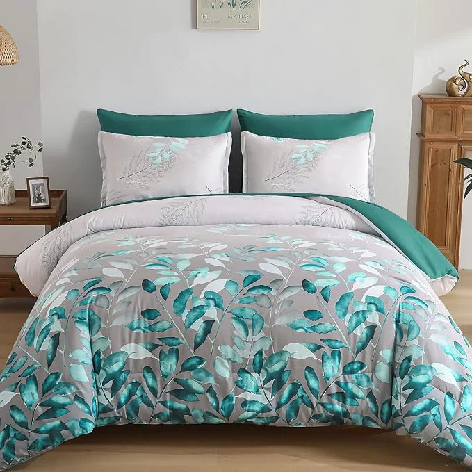 Proven Anibedding 7 Pieces Teal Green King Bed in a Bag Set Green Botanical Gradient Leaves Ultra Soft Microfiber Down Bedding Set with Sheets and Bedroom for All Season Original
