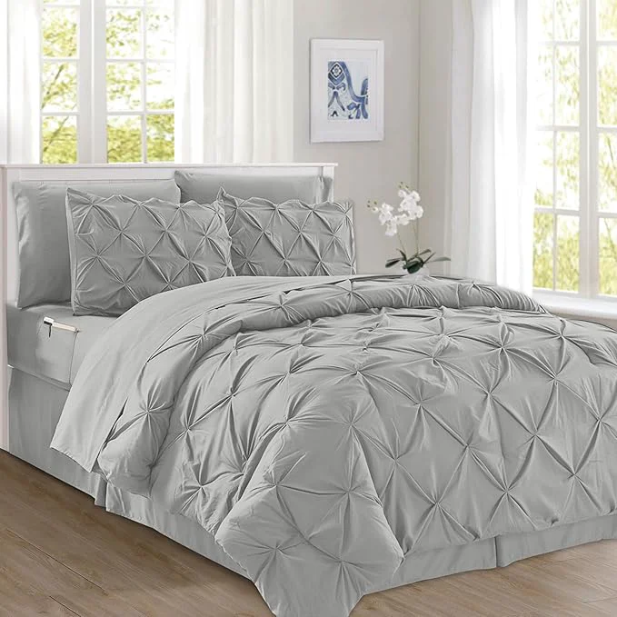 Dependable Elegant Comfort 8-Piece Pinch Pleated Comforter Set – All Season Complete Bed in a Bag Includes 4pc Smart Sheet Set Bed Skirt Comforter Matching Pillowcases and Shams King Cal King Light Gray Durable